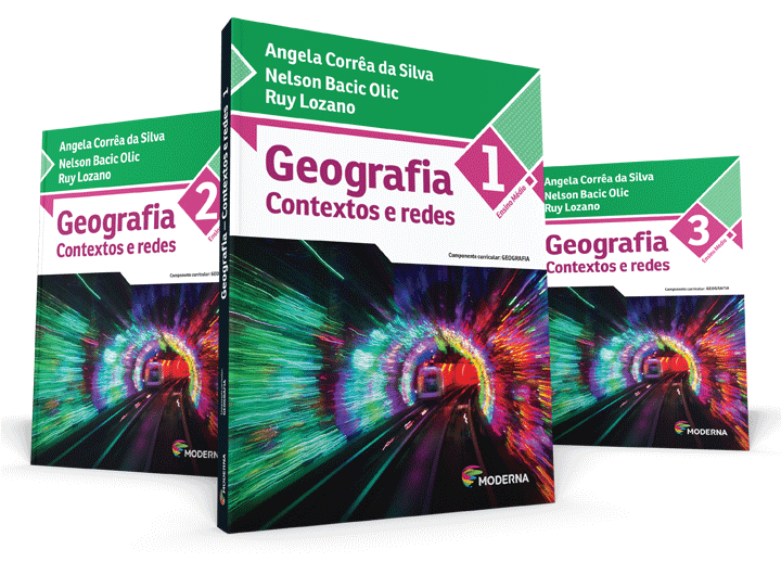 Imagem ilustrativa com a montagem dos três livros da coleção Geografia - Co