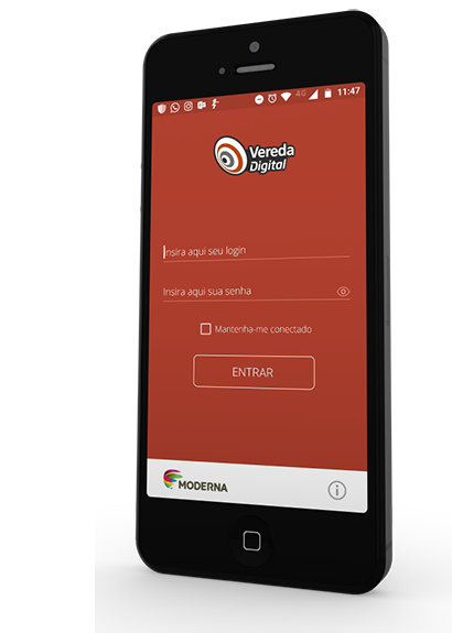 Imagem de celular com página inicial do Vereda App