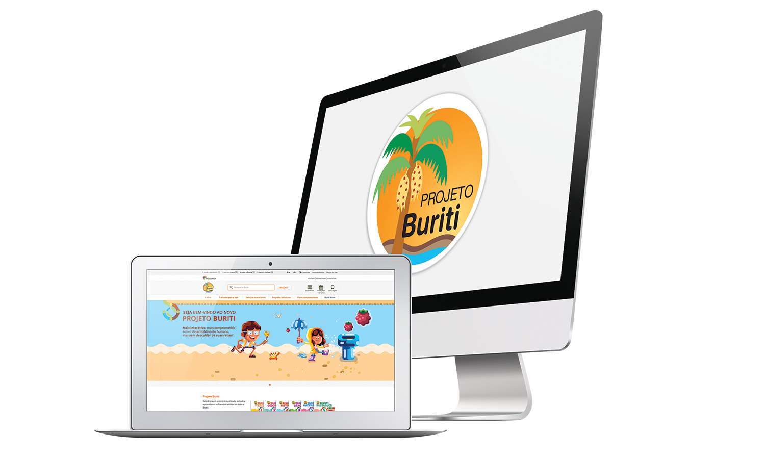 Dois computadores: um notebook mostrando o site do Projeto Buriti na tela e um PC com o logo do Projeto Buriti
