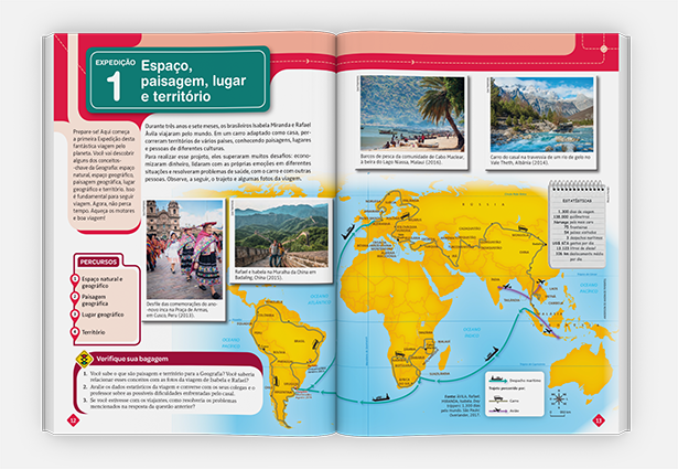 Imagem de páginas internas, mostrando uma unidade do livro Expedições Geográficas