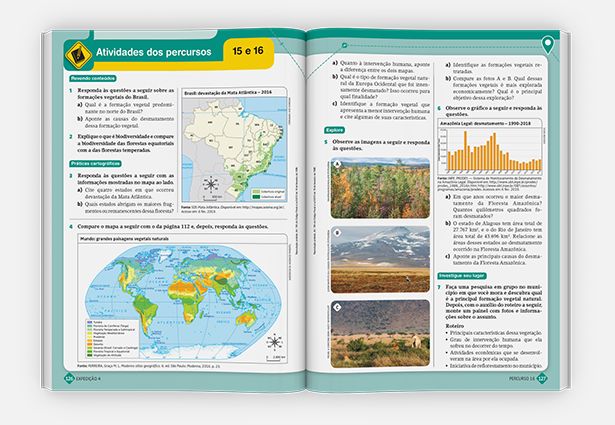 Imagem de páginas internas, mostrando uma unidade do livro Expedições Geográficas