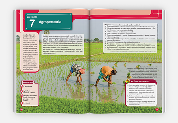 Imagem de páginas internas, mostrando uma unidade do livro Expedições Geográficas